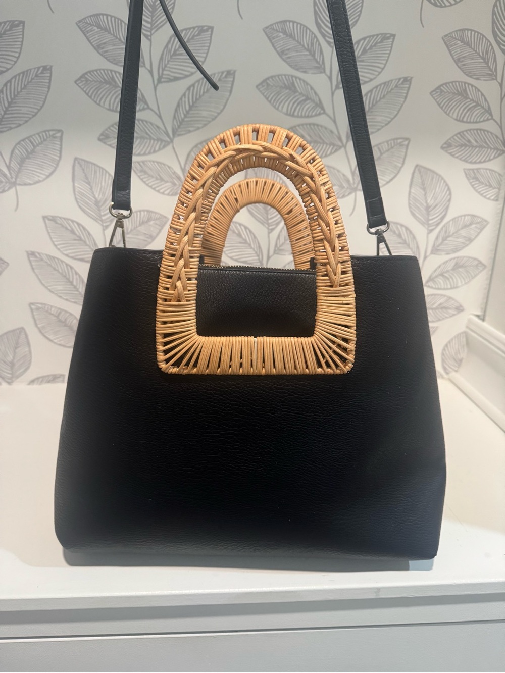 Black Tote Bag with Natural Woven Handles - Women